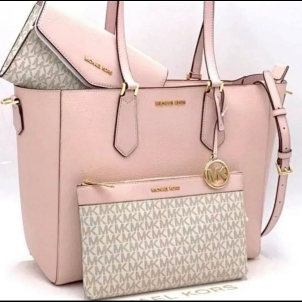 MICHAEL KORS POWDER BLUSH PINK 3 PCS KIMBERLY 3 IN 1 TOTE CROSSBODY CLUTCH NWT